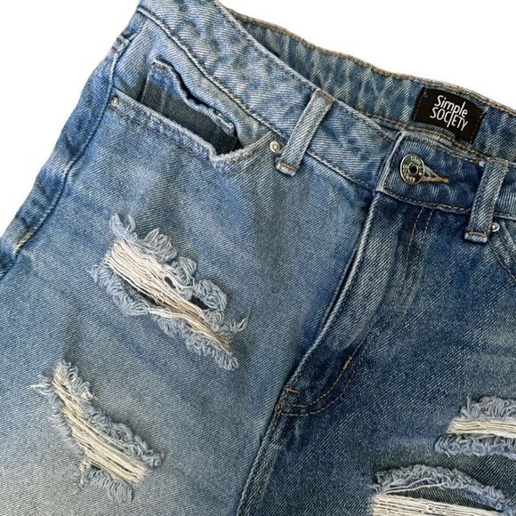 Simple Society Blue Denim Distressed Hi-Rise Bermuda Shorts Size 5/27 - Picture 2 of 8